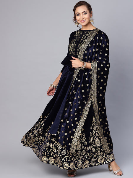 Juniper Women Navy Velvet Embroidered Flared Lehenga Choli Sets - Distacart