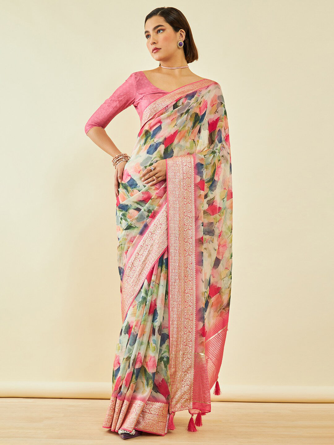 Soch Floral Zari Organza Saree - Distacart