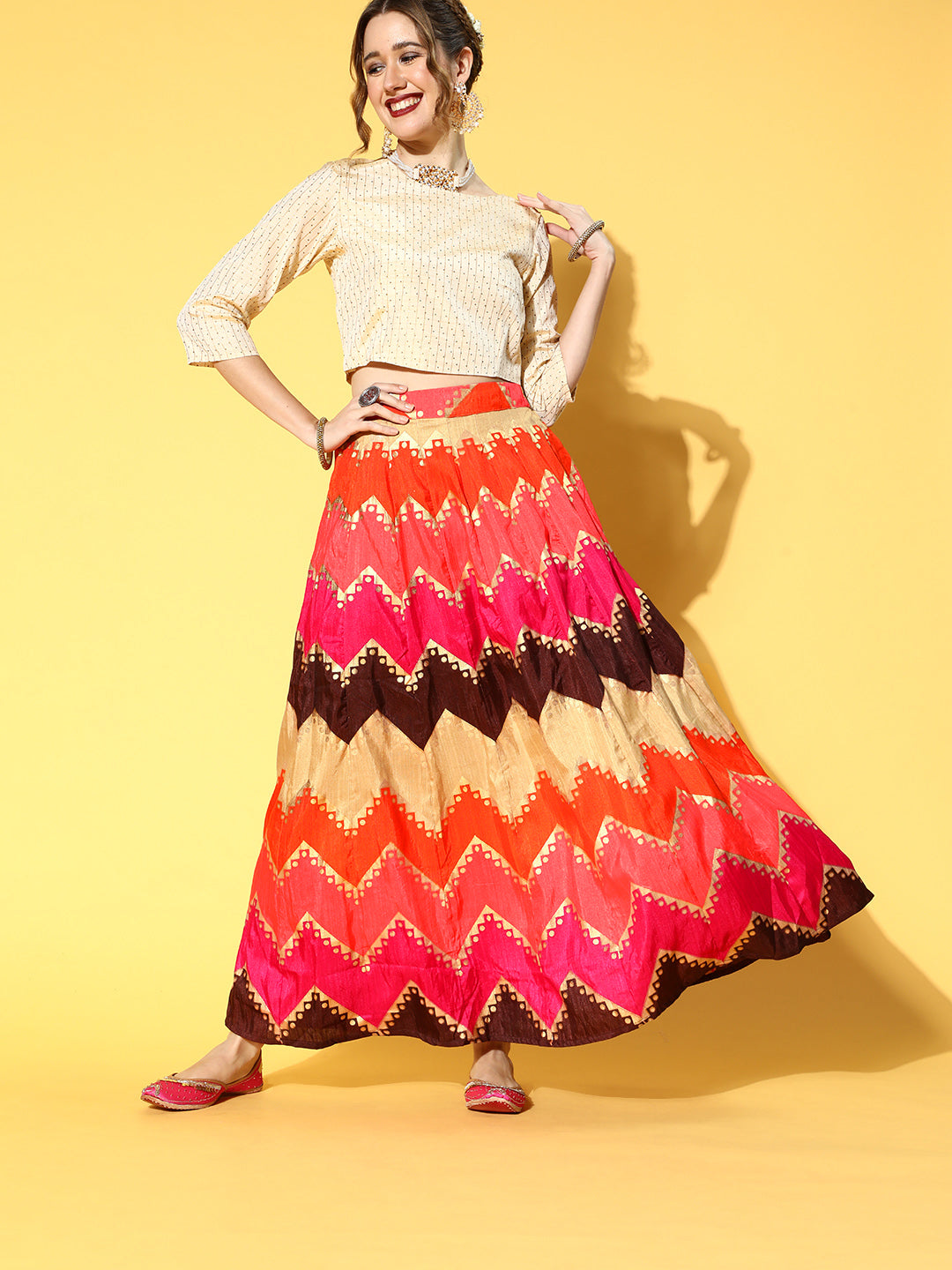 Juniper Women Coral Silk Crepe Printed Flared Lehenga Choli Sets - Distacart