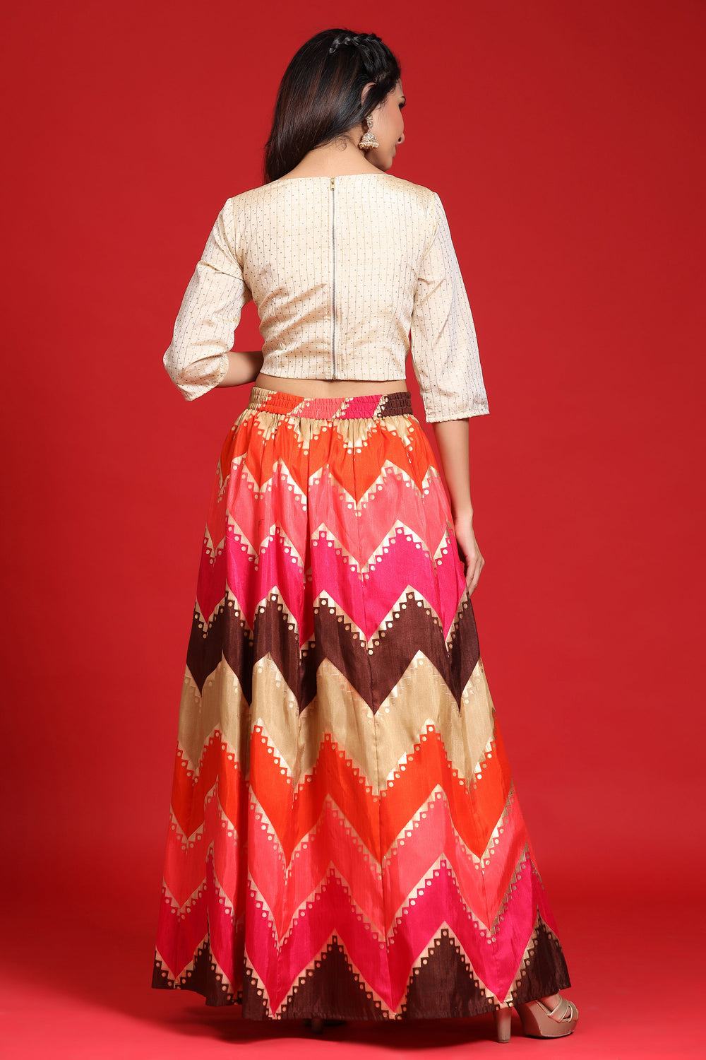 Juniper Women`s Coral Silk Crepe Printed Flared Lehenga Choli Sets - Distacart