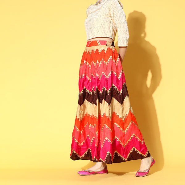 Juniper Women Coral Silk Crepe Printed Flared Lehenga Choli Sets - Distacart