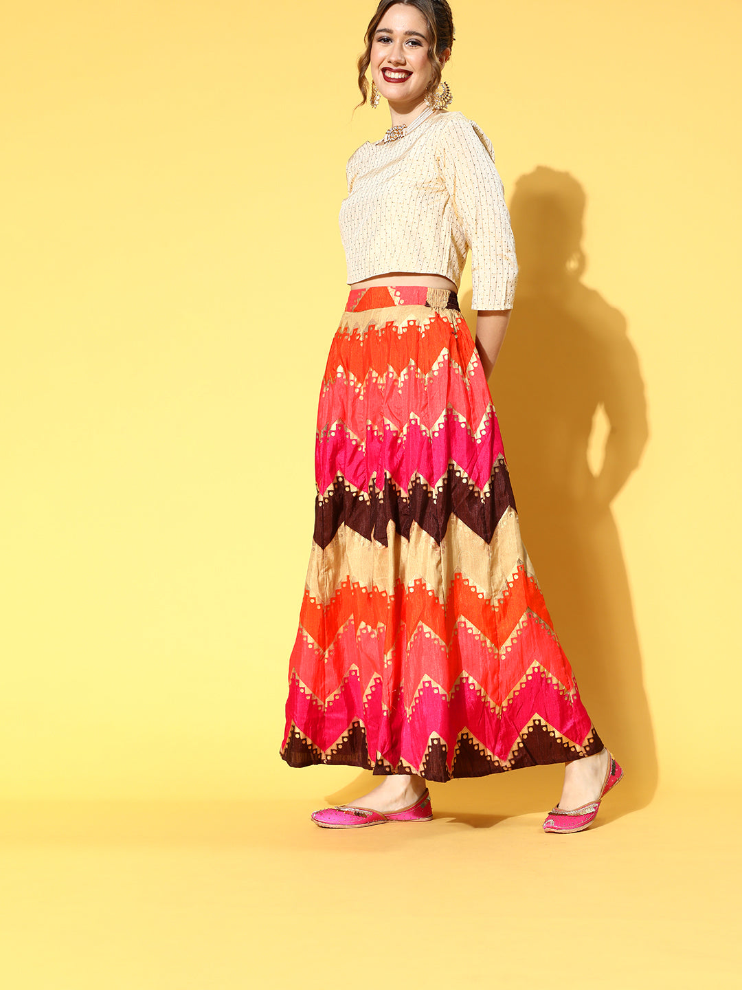 Juniper Women Coral Silk Crepe Printed Flared Lehenga Choli Sets - Distacart