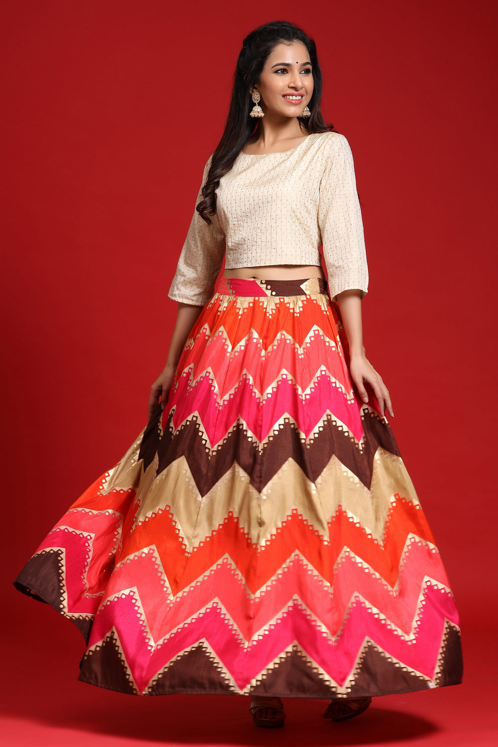 Juniper Women`s Coral Silk Crepe Printed Flared Lehenga Choli Sets - Distacart