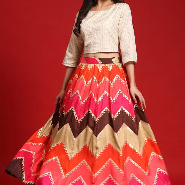 Juniper Women`s Coral Silk Crepe Printed Flared Lehenga Choli Sets - Distacart