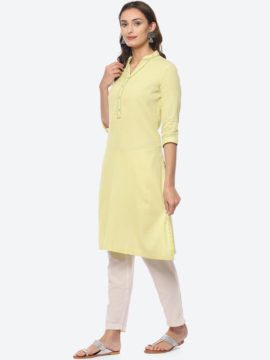 Biba Women Mandarin Collar Cotton Kurta - Distacart