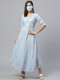 Thumbnail for Libas Blue & White Ethnic Motifs Printed Cotton Maxi Dress - Distacart