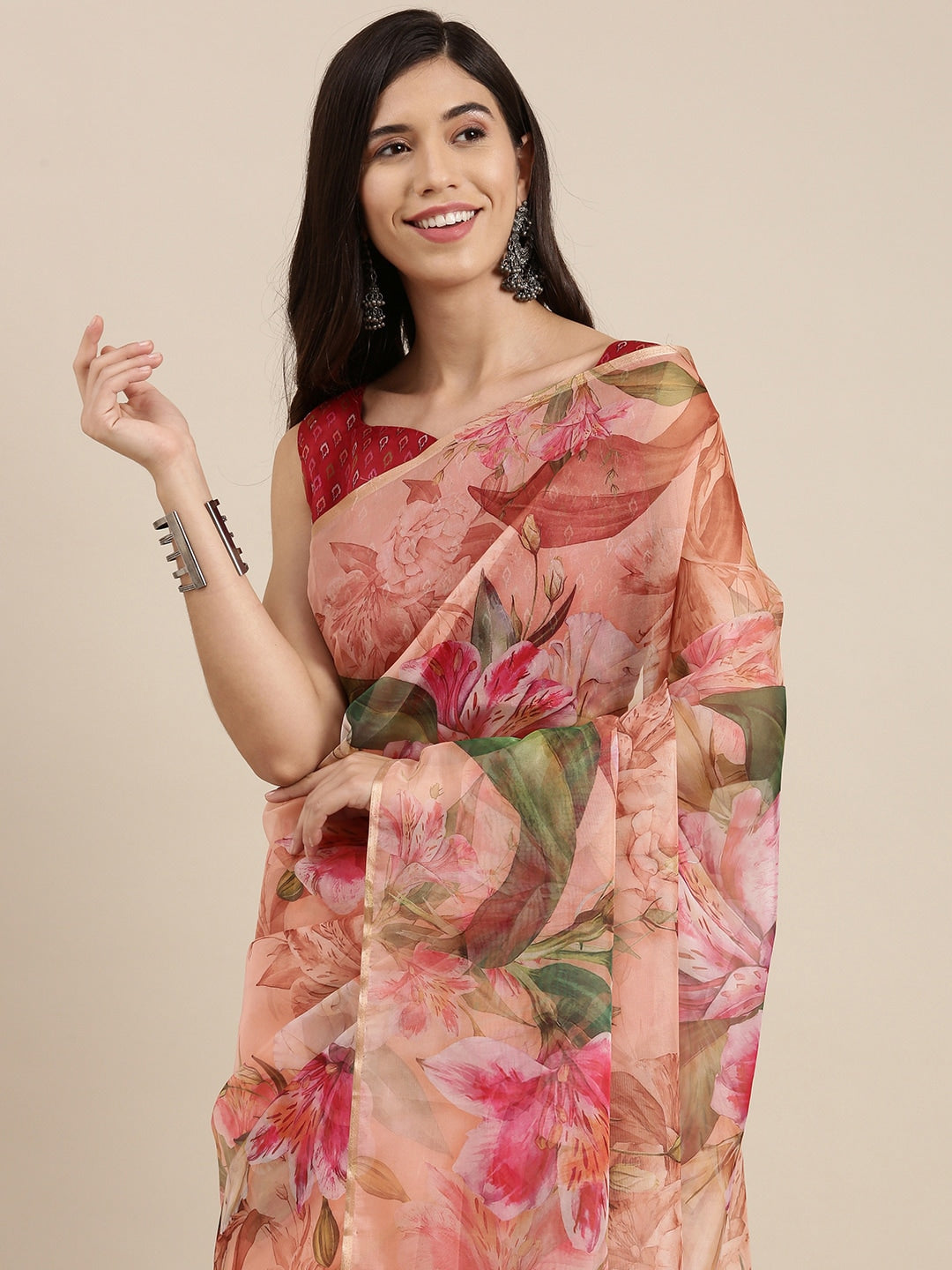 Saree Mall Pink Floral Printed Organza Sarees - Distacart