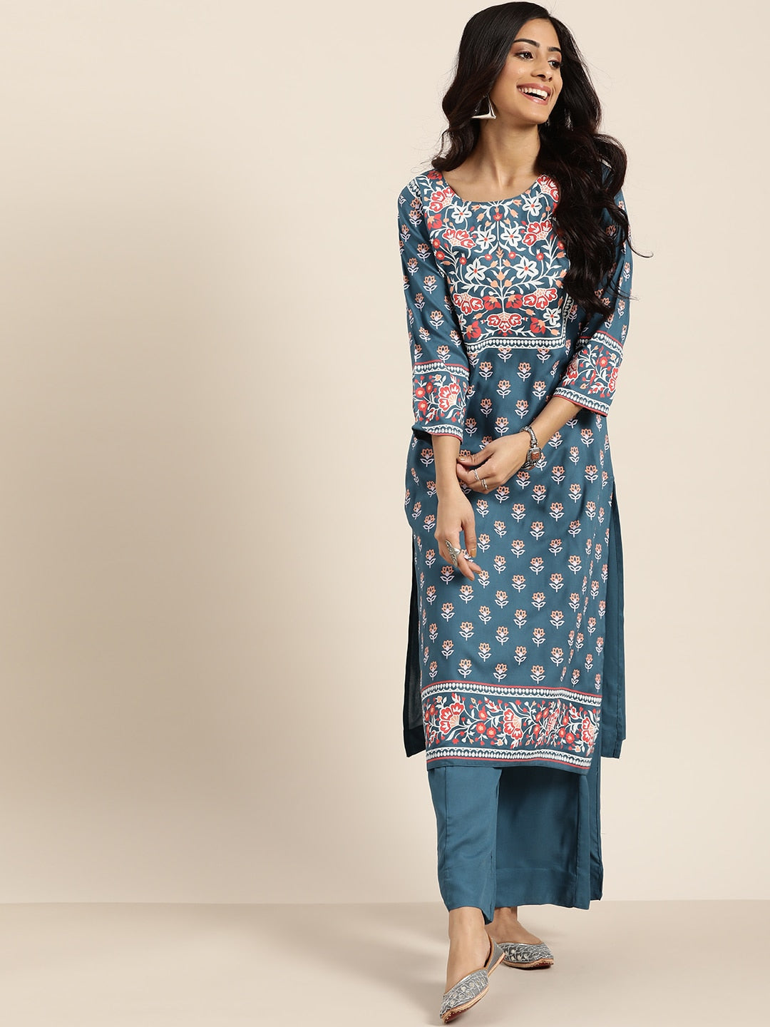 Sangria Women Teal Blue & White Printed Kurta with Palazzos - Distacart