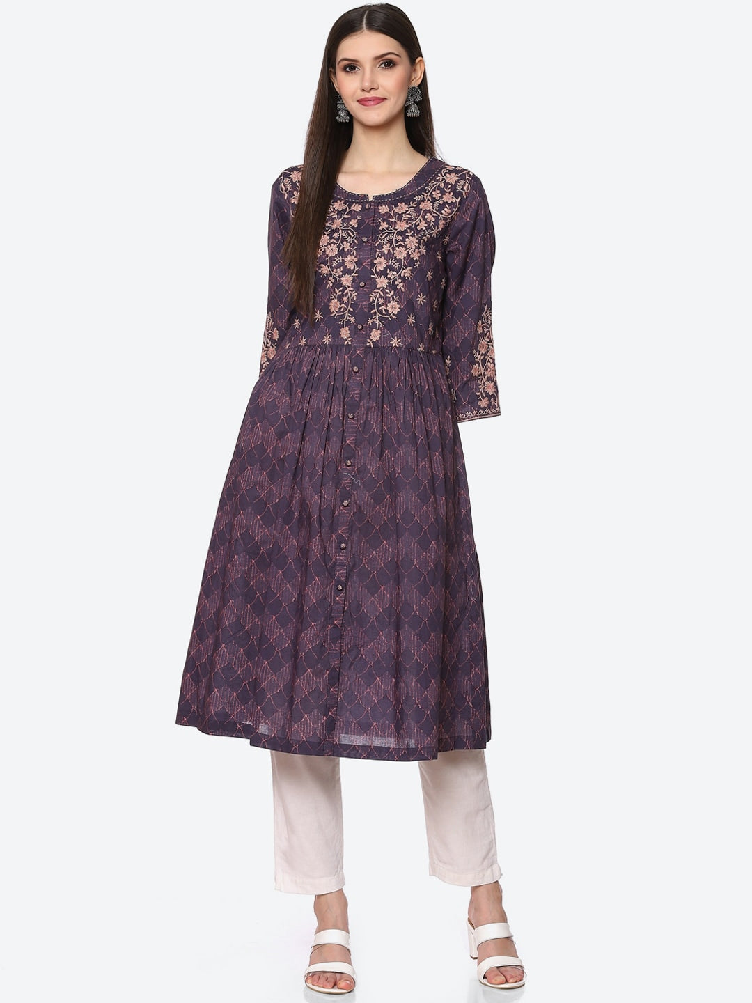 Biba Women Blue & Pink Floral Embroidered Kurta - Distacart