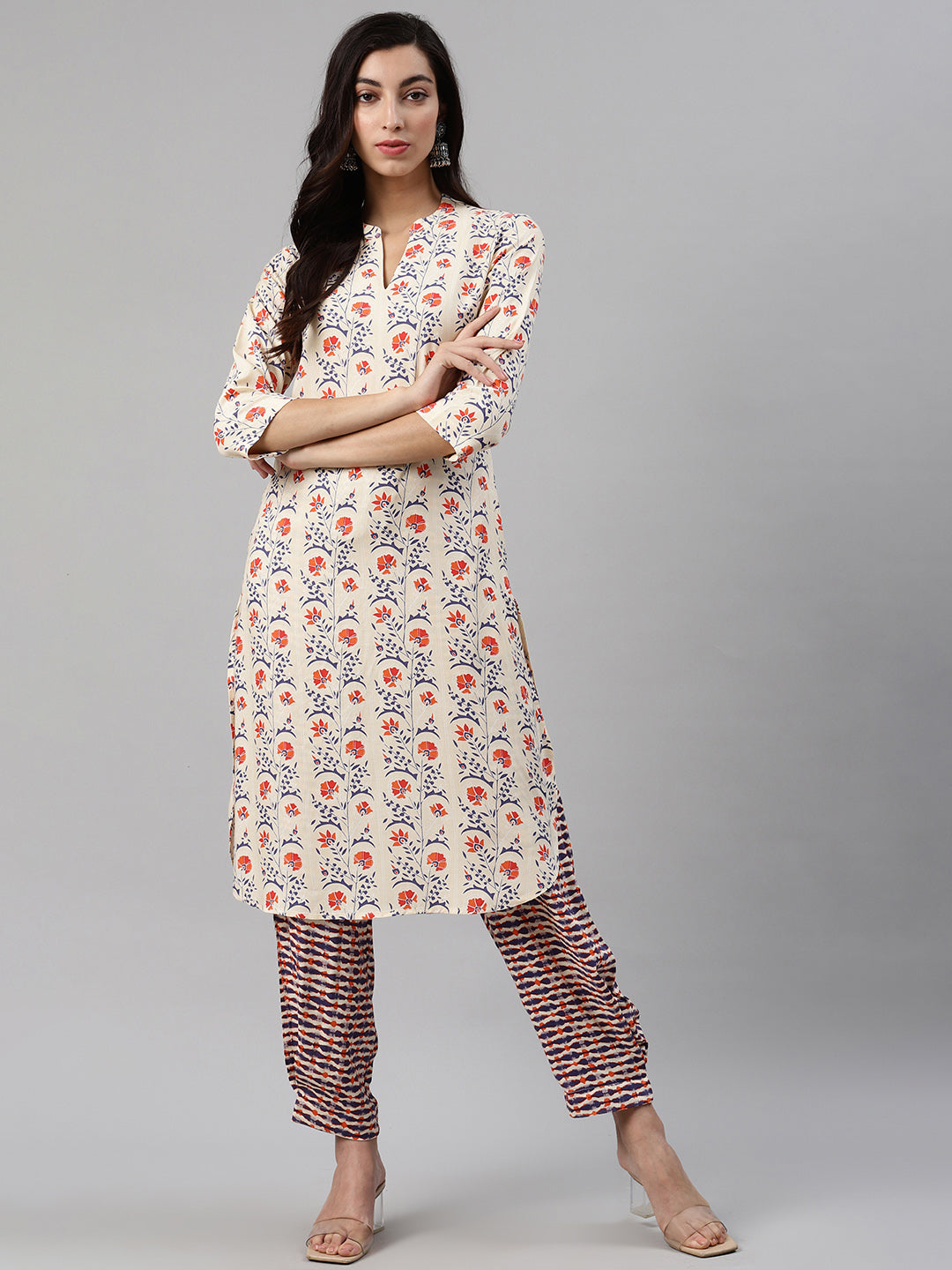 Biba Women Cream-Coloured & Orange Printed Kurta with Trousers - Distacart