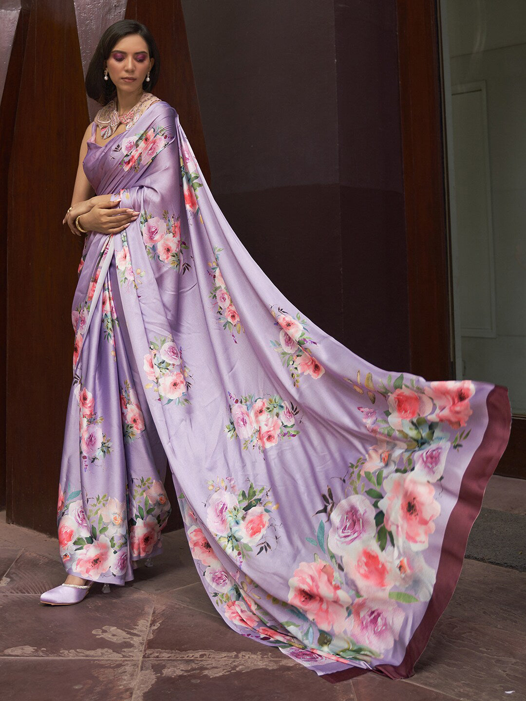 Mitera Lavender & Pink Floral Satin Saree - Distacart