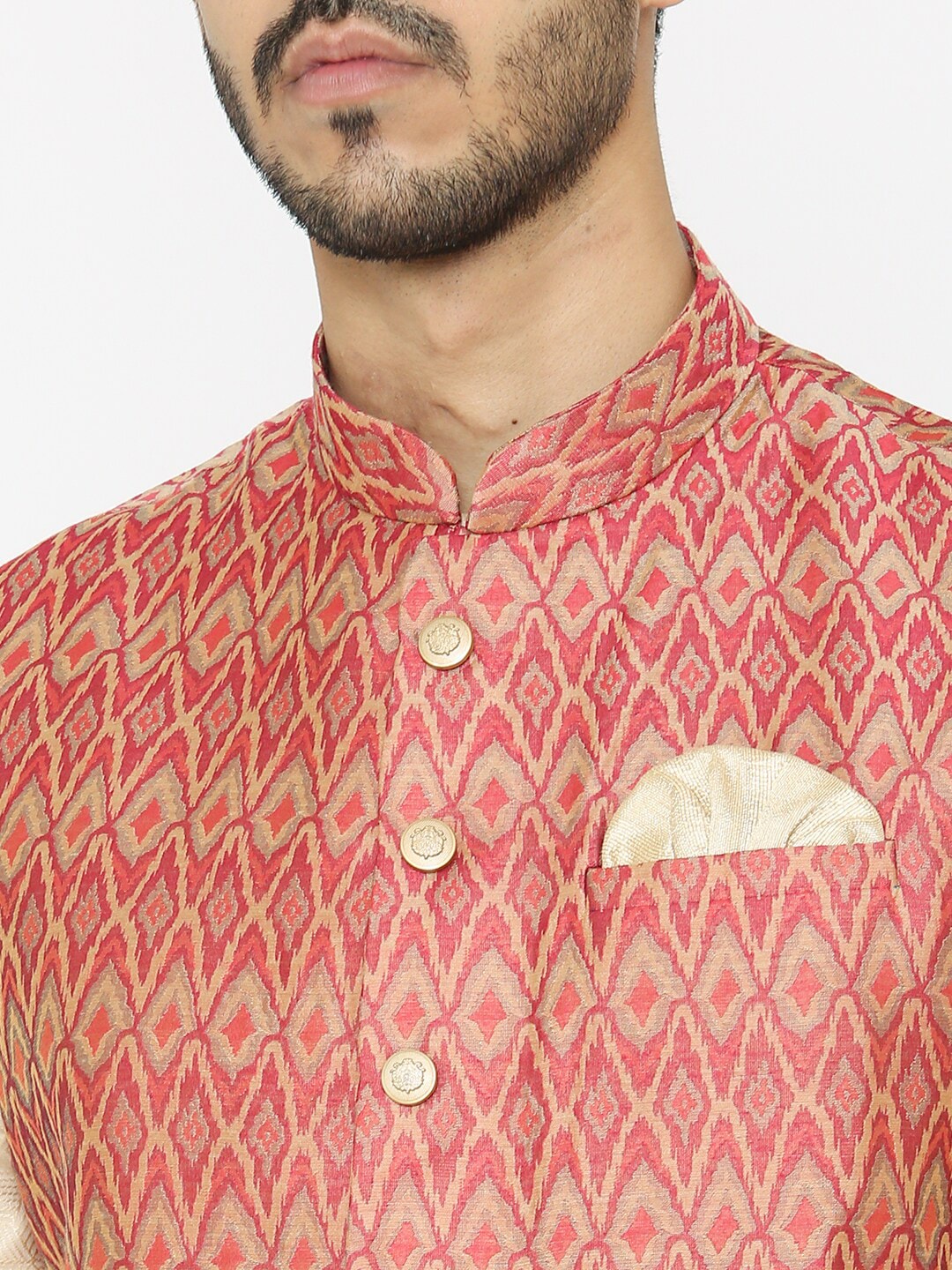 Manyavar Men Pink & Beige Self Design Kurta with Churidar & Nehru Jacket - Distacart