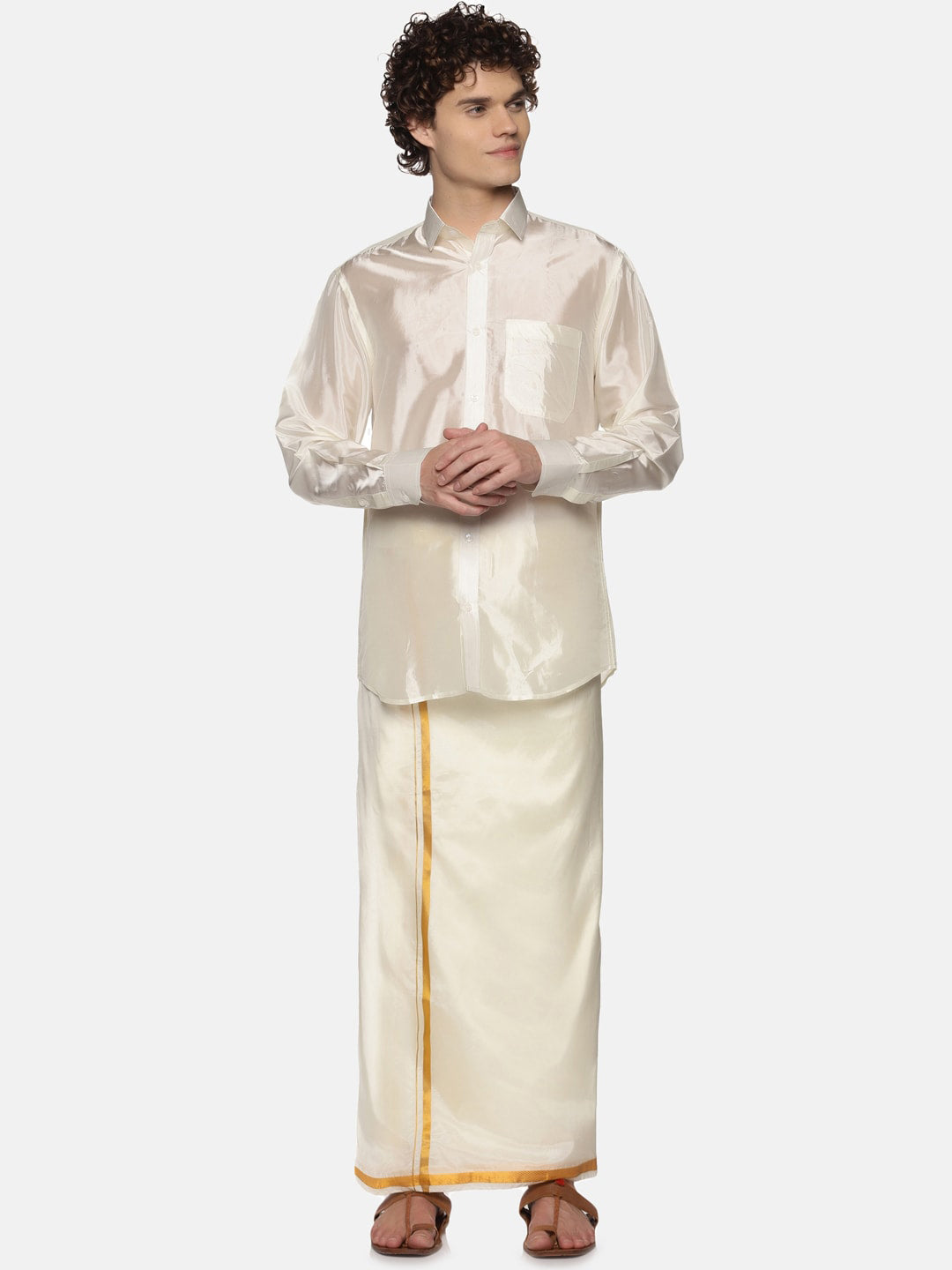 Sethukrishna Men Cream-Coloured Solid Art Silk Dhoti - Distacart