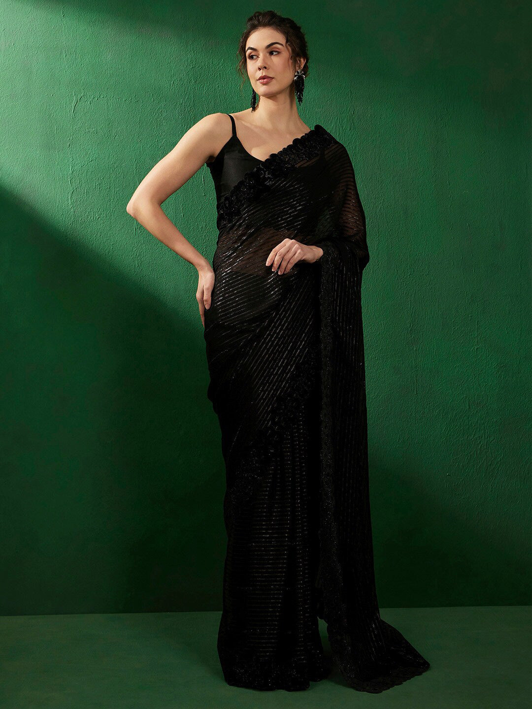 Sangria Striped Embellished Beads and Stones Pure Chiffon Sarees - Distacart
