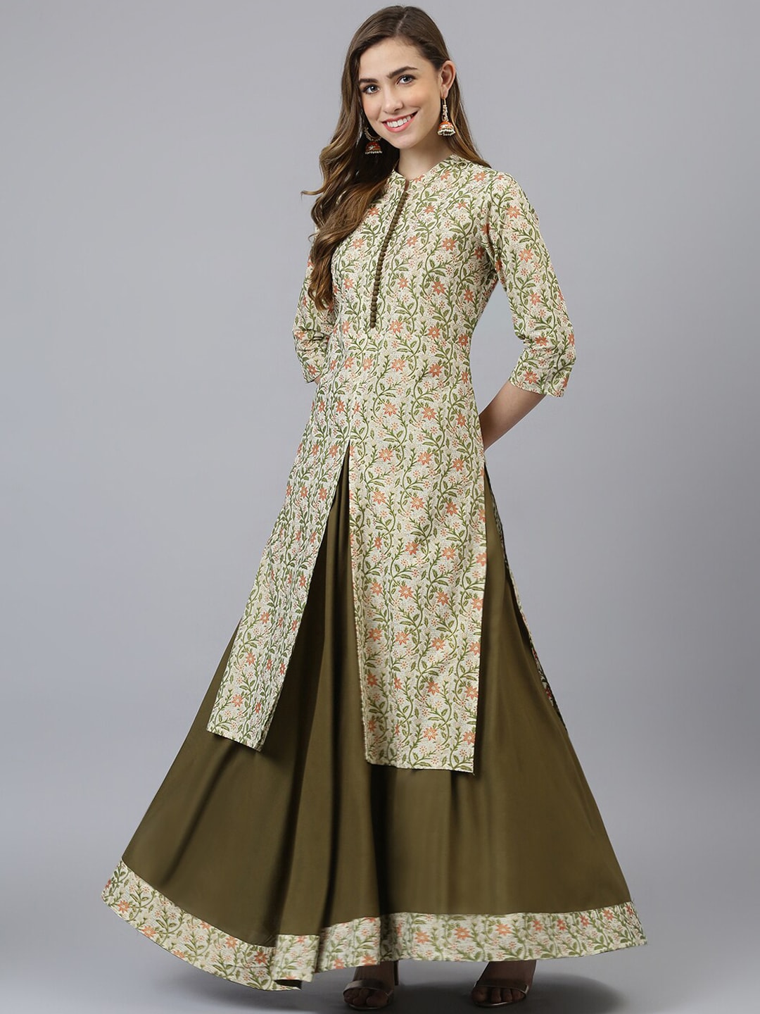 Khushal K Women Cream-Coloured Printed High Slit Kurta with Skirt - Distacart