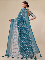 Thumbnail for Sangria Teal & White Floral Printed Pure Linen Saree - Distacart
