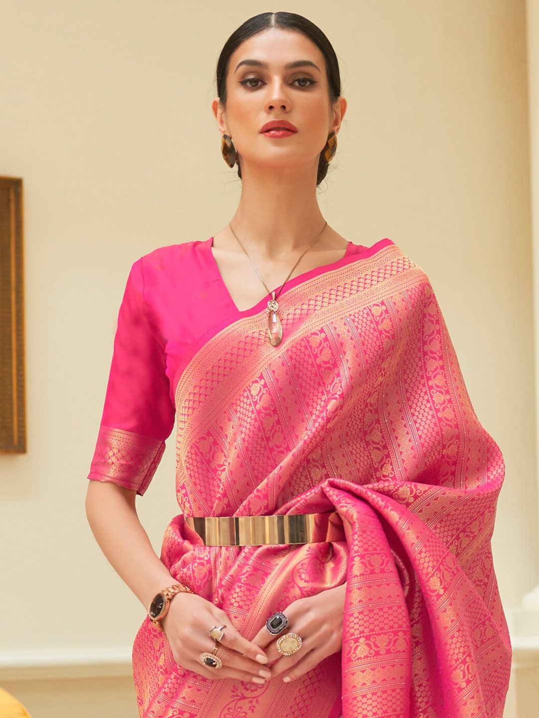 Mitera Pink & Gold-Toned Ethnic Motifs Kanjeevaram Saree - Distacart