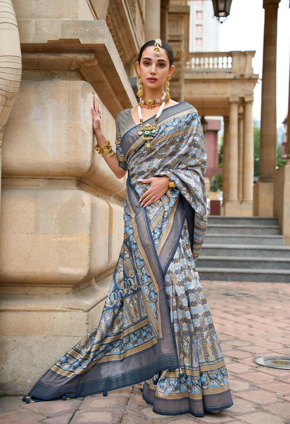 Steel Teal Blue Superior V.P.Silk Woven Printed Patola Silk Saree - Rewaa Milano - Distacart