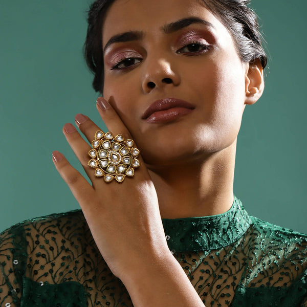 Gold-Plated White Kundan-Studded Adjustable Finger Ring - Ruby Raang - Distacart