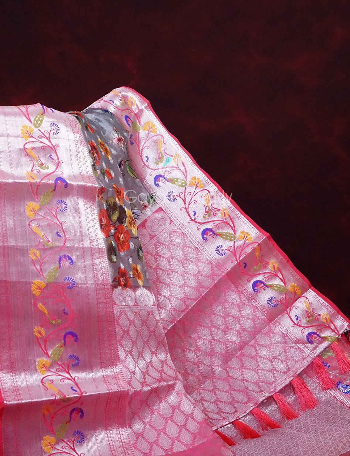 Grey And Baby Pink Colour Banaras Borders And Creeper Design Semi Silk Saree By Gayathri Reddy Designer Studio - Distacart