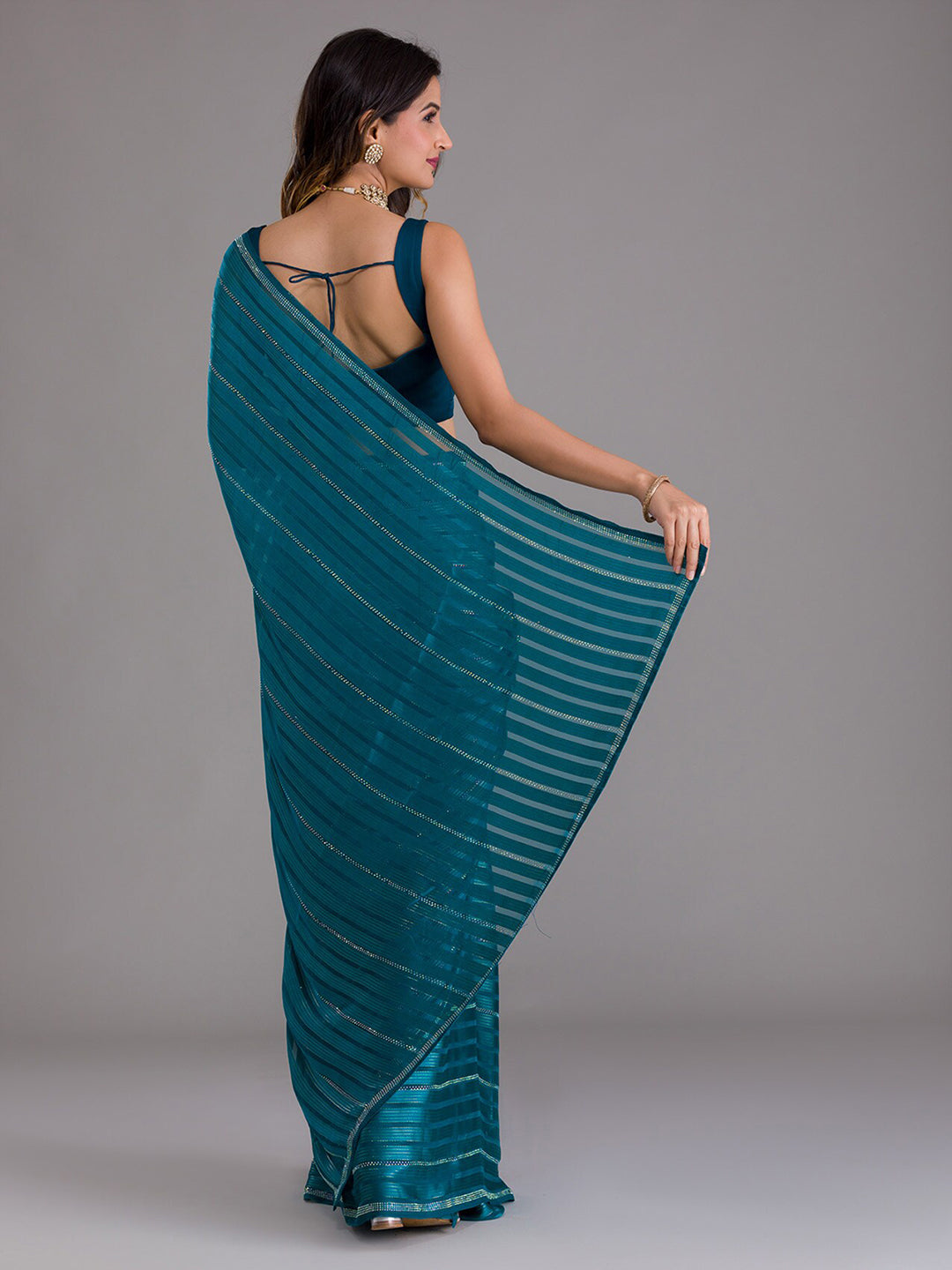 Koskii Blue & Silver-Toned Striped Beads and Stones Saree - Distacart