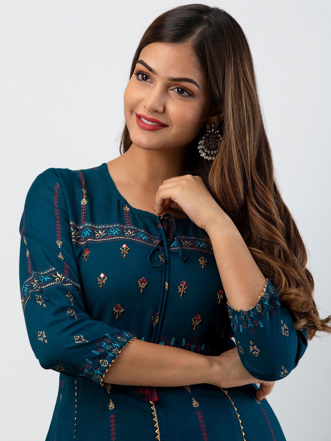 Kalini Women Teal Ethnic Motifs Printed Floral Kurta - Distacart