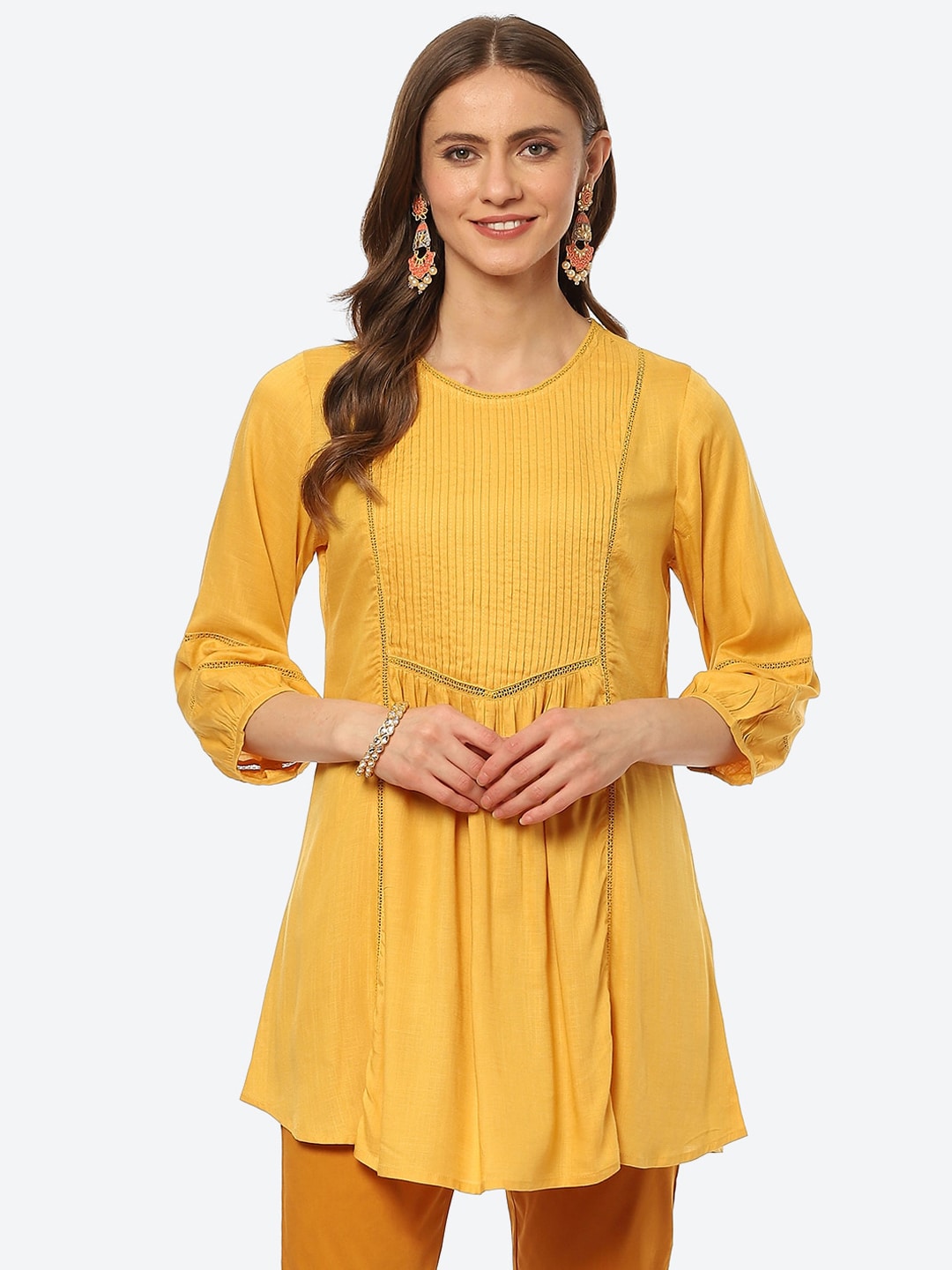 Biba Women Yellow Pleated And Panelled Puff Sleeves Kurti - Distacart