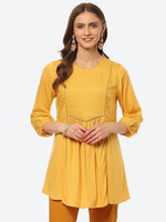 Thumbnail for Biba Women Yellow Pleated And Panelled Puff Sleeves Kurti - Distacart