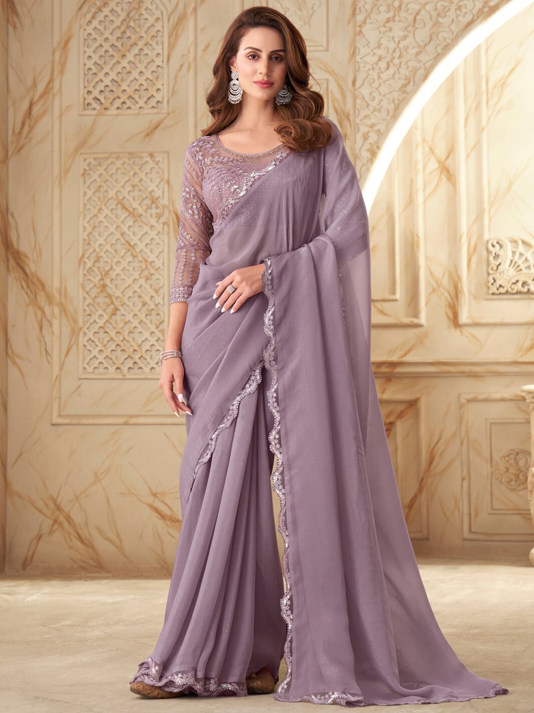 Mitera Pink Embellished Sequinned Poly Georgette Saree - Distacart