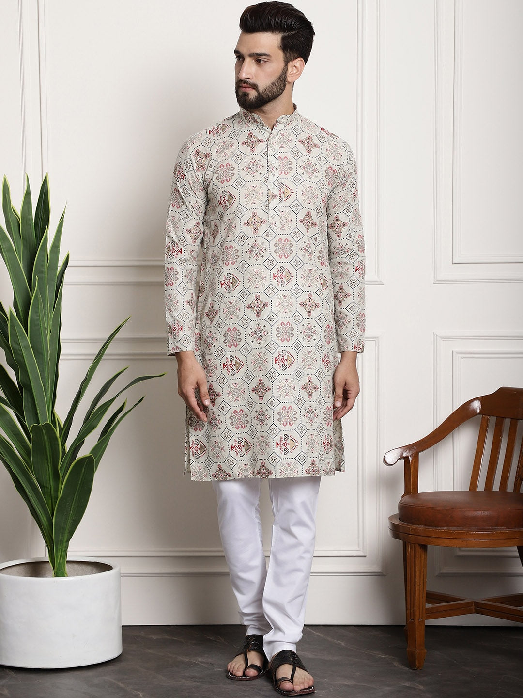 Sojanya Men Beige Printed Cotton Linen Kurta with Churidar - Distacart