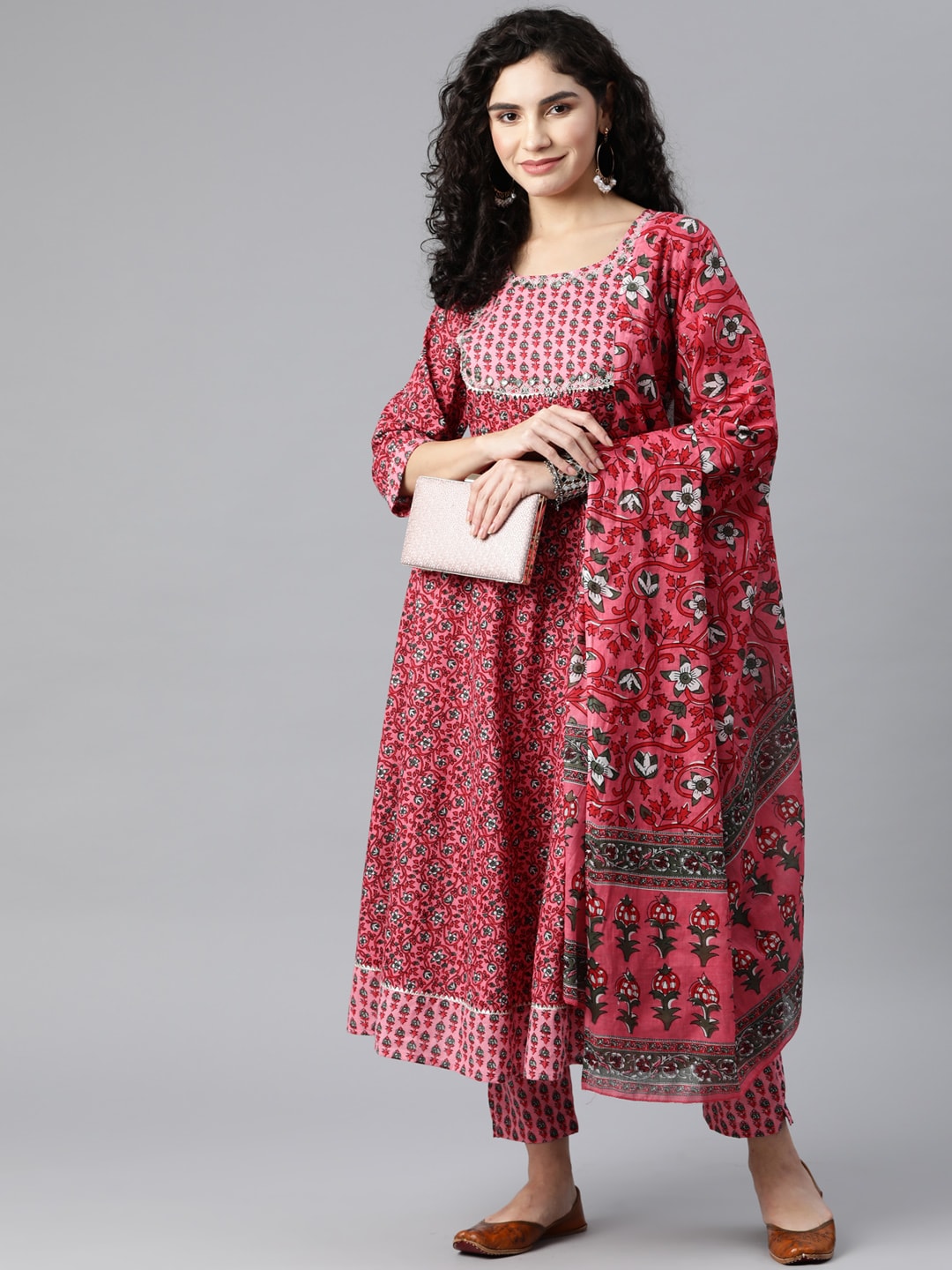 Kalini Women Pink Floral Printed Gotta Patti Pure Cotton Kurta with Trousers & Dupatta - Distacart
