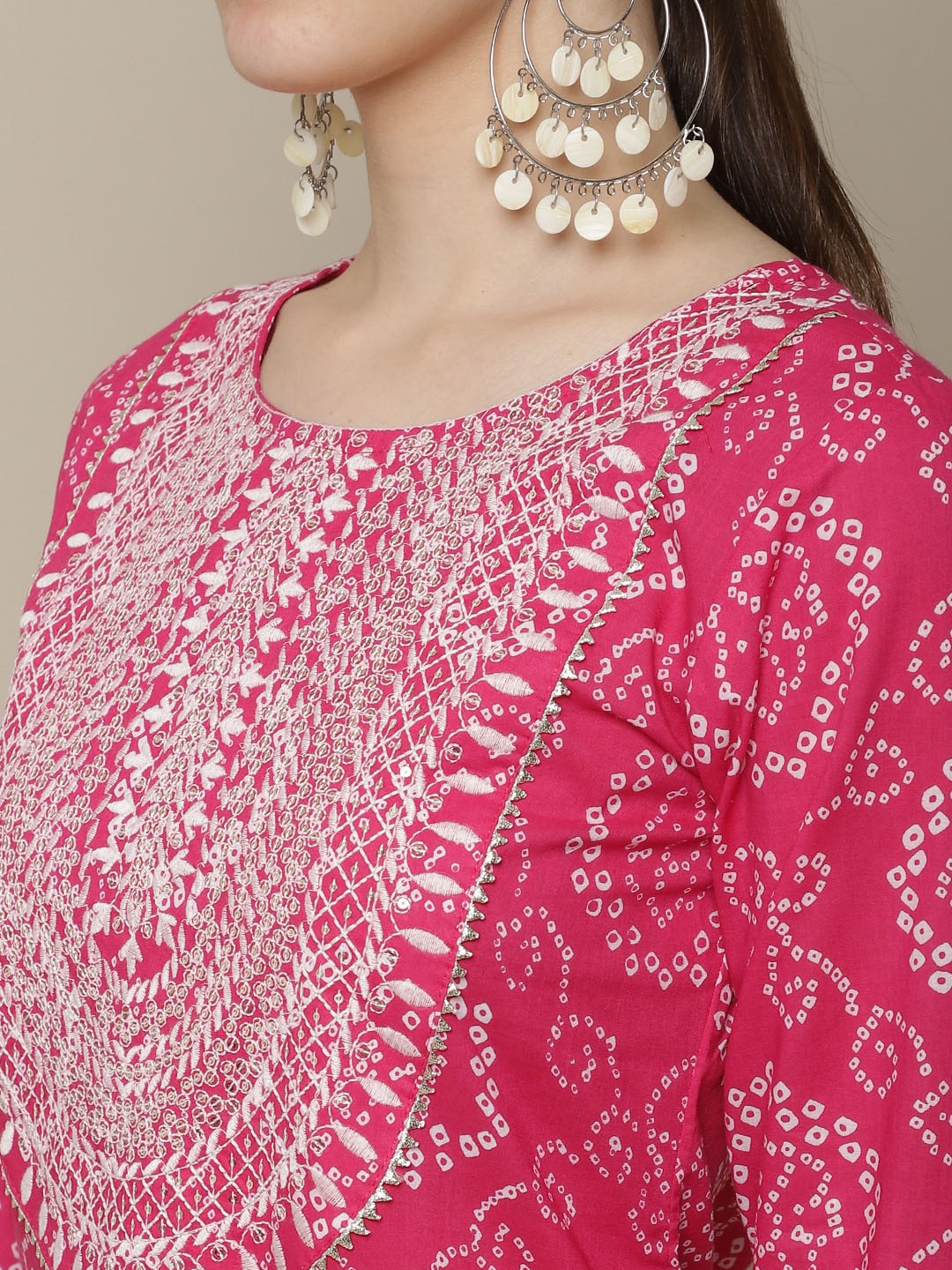 Sangria Women Pink & White Bandhani Printed Thread Work Kurta - Distacart