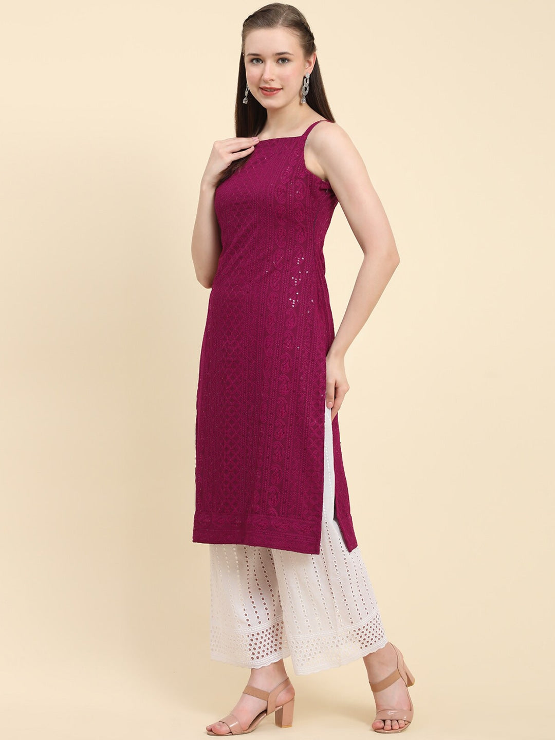 Kalini Ethnic Motifs Embroidered Chikankari Georgette Kurta - Distacart