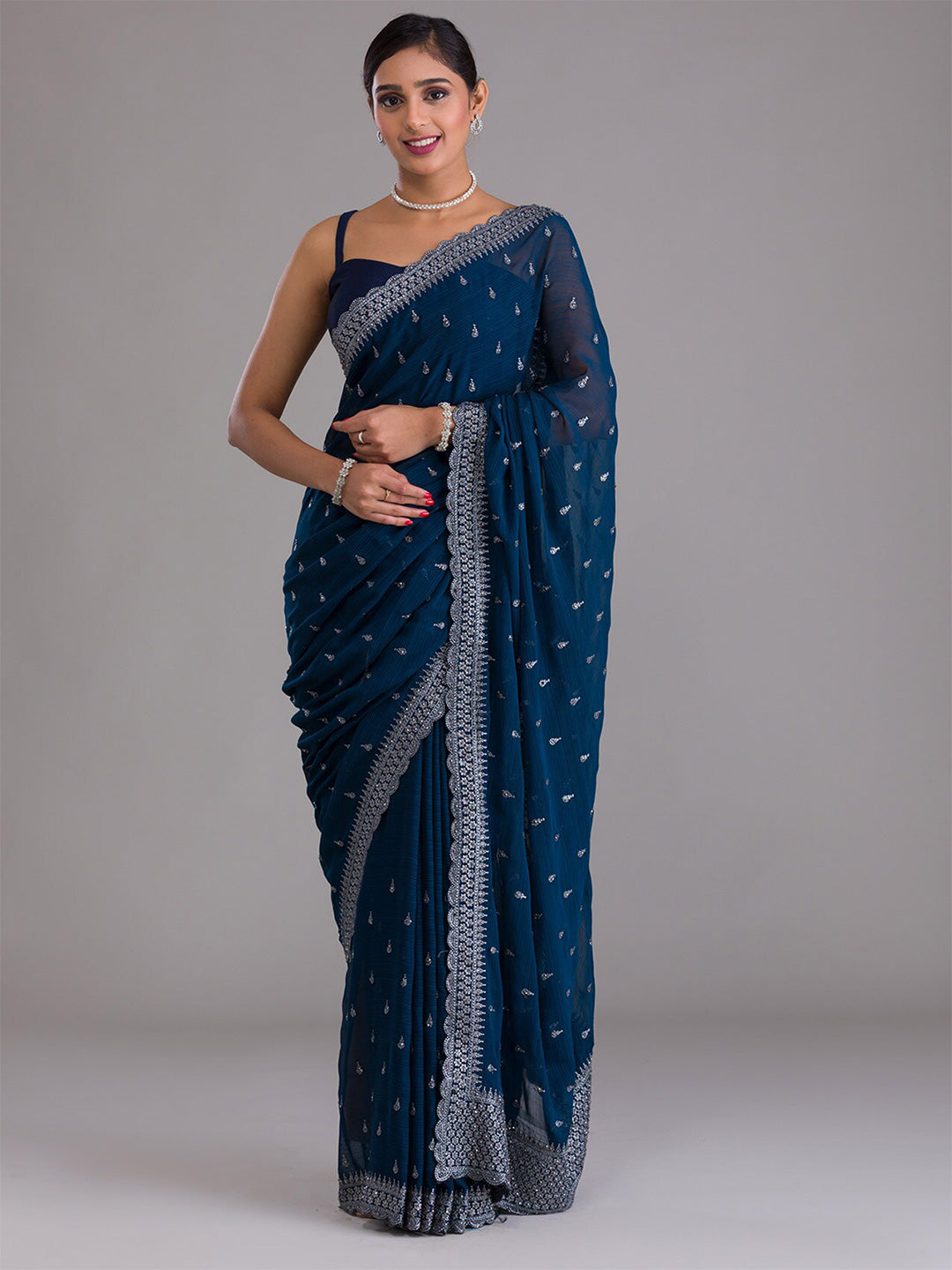Koskii Blue & Silver-Toned Embellished Beads and Stones Heavy Work Saree - Distacart
