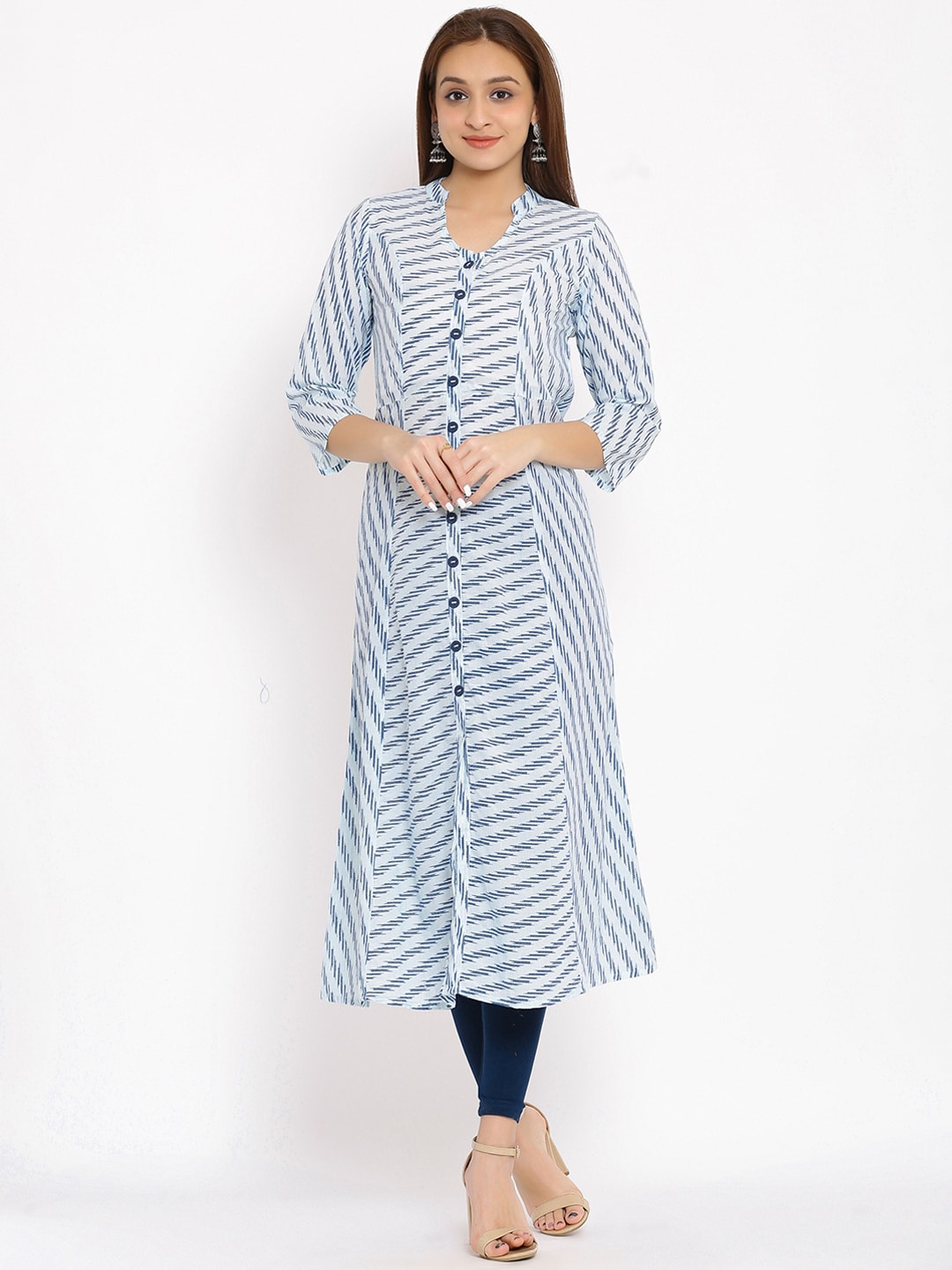 HERE&NOW Blue & White Striped Mandarin Collar Kurta - Distacart
