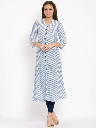 HERE&NOW Blue & White Striped Mandarin Collar Kurta - Distacart