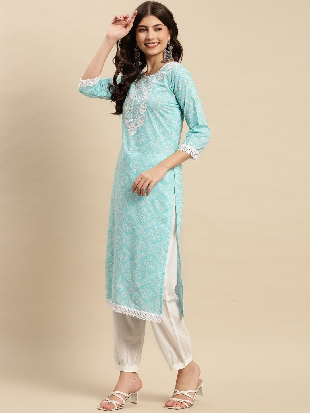 Sangria Turquoise Blue & White Geometric Printed Pure Cotton Kurta With Trouser & Dupatta - Distacart