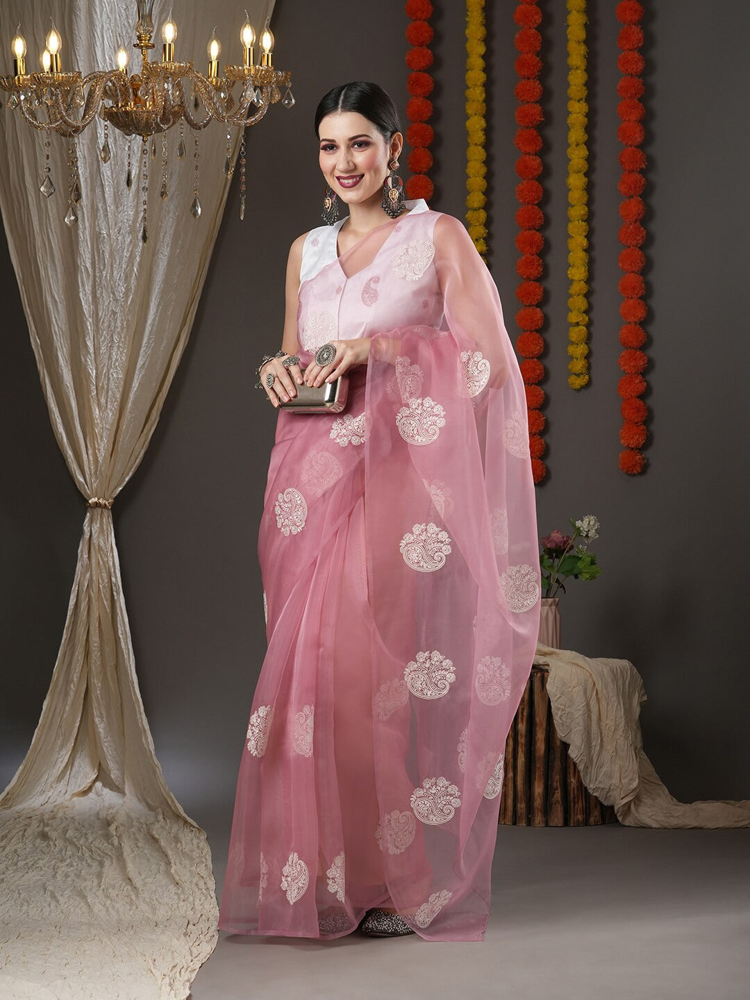 Saree Mall Mauve & White Floral Embroidered Organza Banarasi Sarees - Distacart