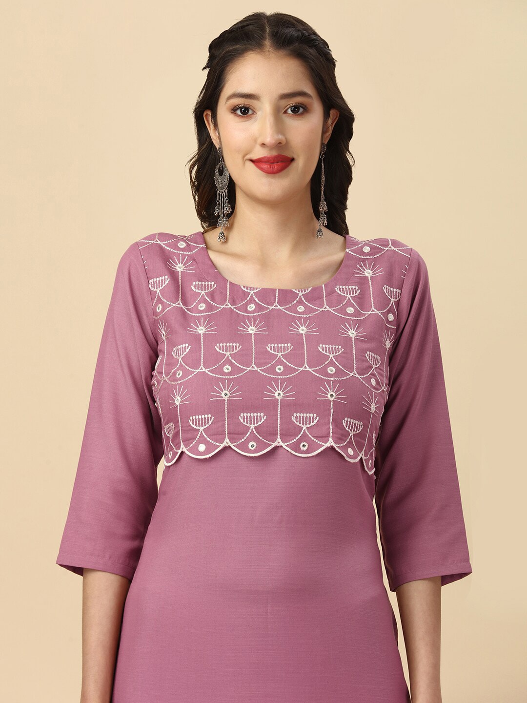 HERE&NOW Mauve & Biege Ethnic Motifs Embroidered Yoke Design Mirror Work Kurta - Distacart