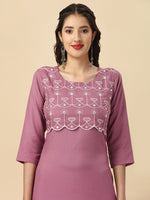 Thumbnail for HERE&NOW Mauve & Biege Ethnic Motifs Embroidered Yoke Design Mirror Work Kurta - Distacart