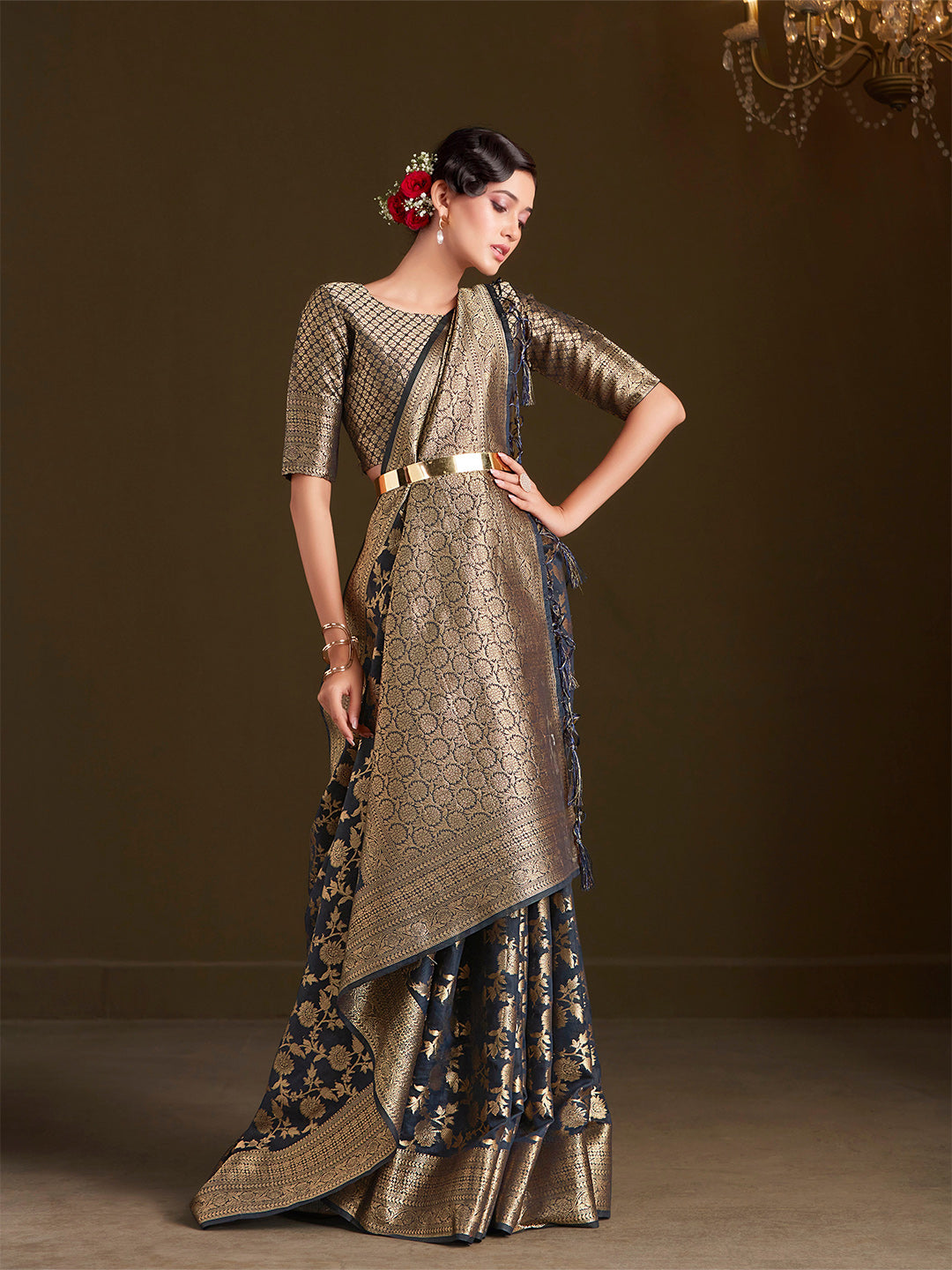 Sangria Floral Woven Design Sarees - Distacart