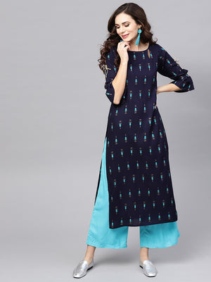 Libas Blue Block Print Straight Viscose Kurta With Keyhole neck - Distacart