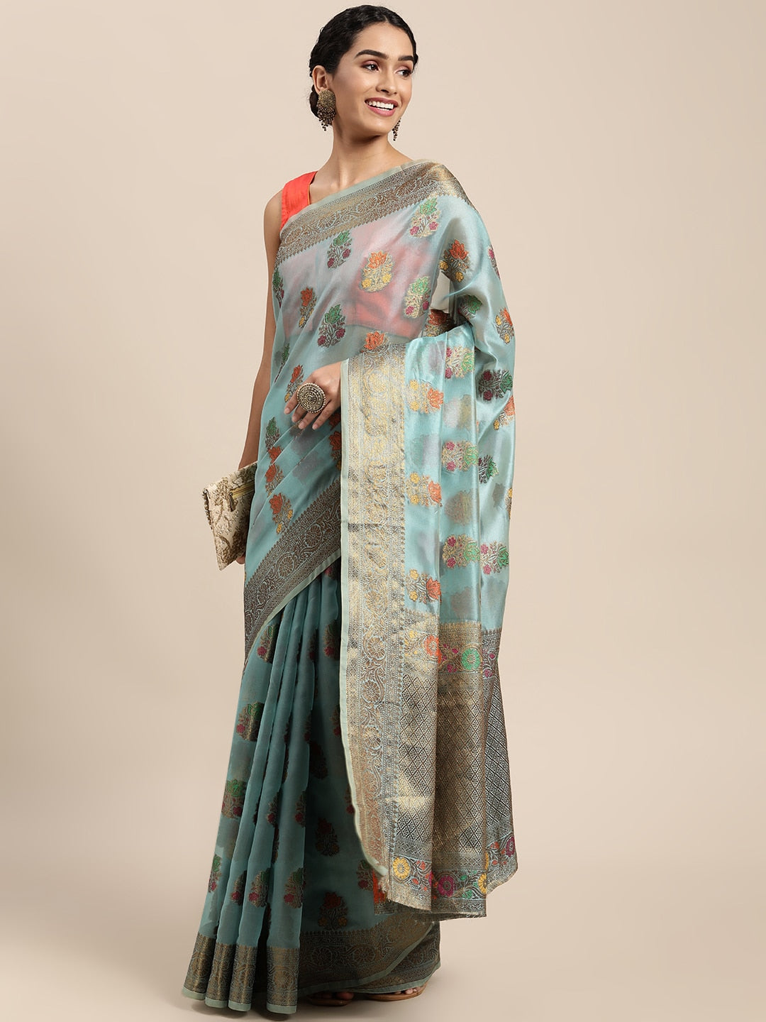 Mitera Blue & Yellow Ethnic Motifs Zari Organza Saree - Distacart