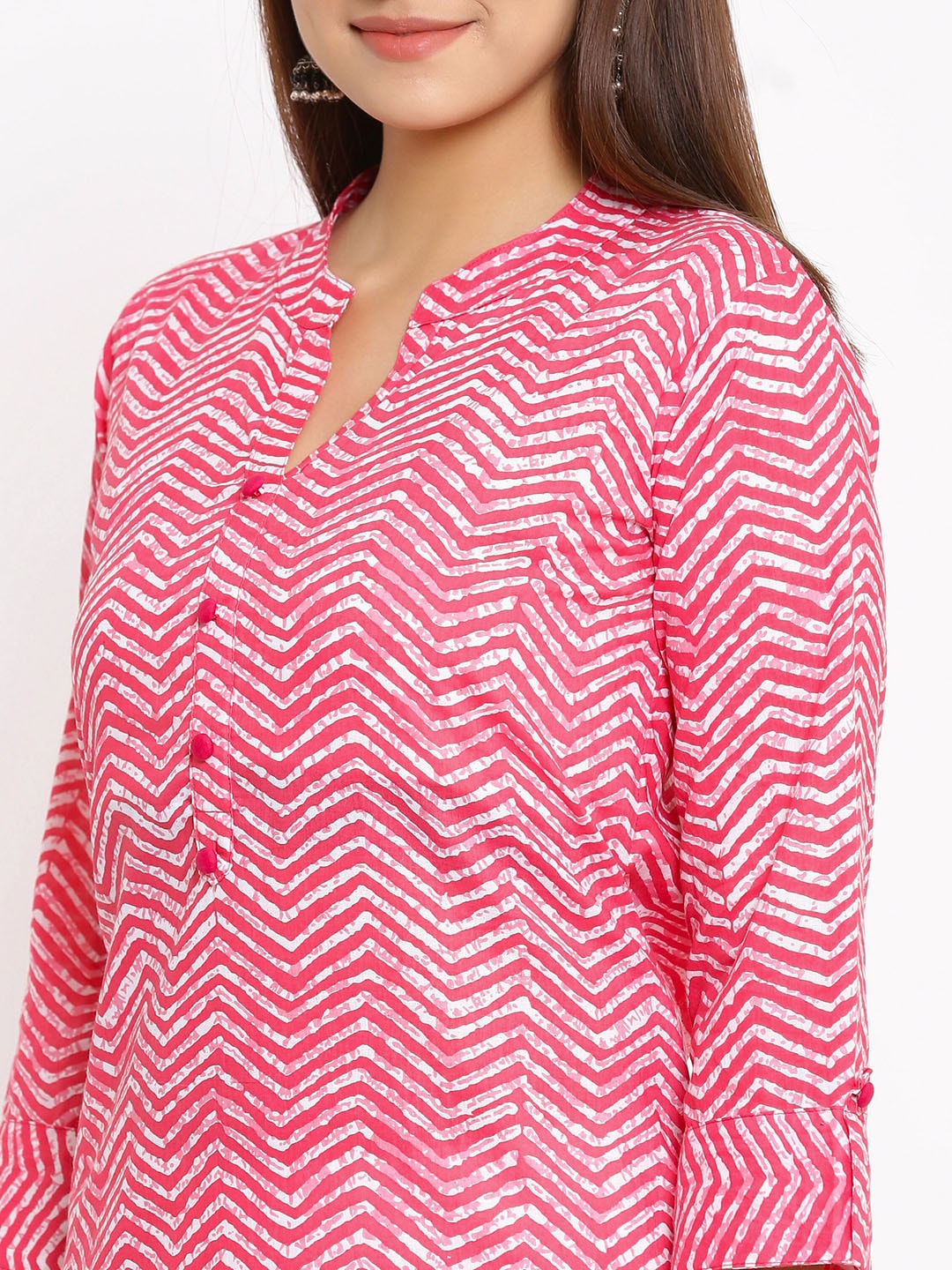 HERE&NOW Pink Chevron Printed Regular Kurta with Trousers - Distacart