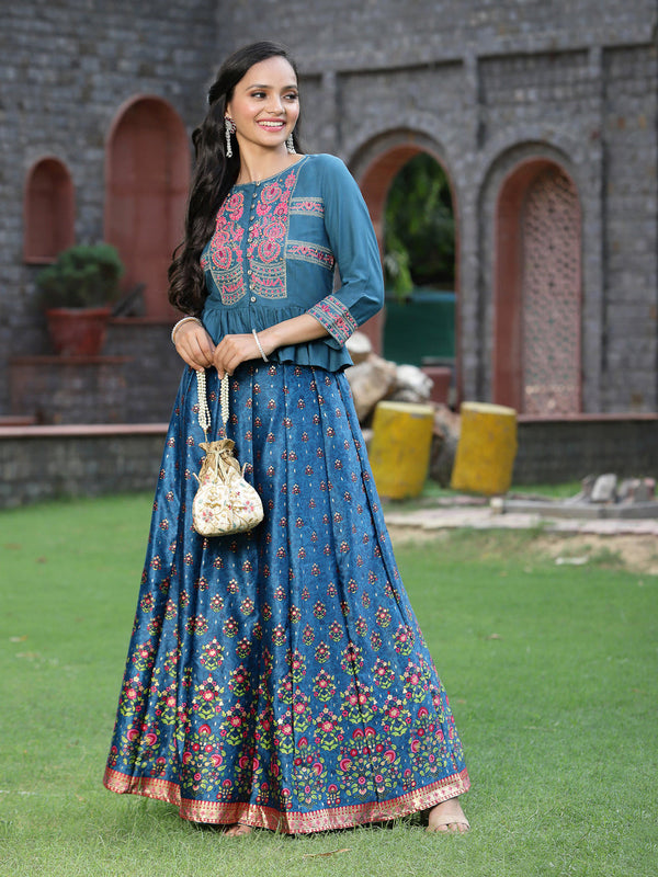 Juniper Women`s Teal Satin Embroidered Flared Lehenga Choli Sets - Distacart