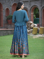 Thumbnail for Juniper Women`s Teal Satin Embroidered Flared Lehenga Choli Sets - Distacart