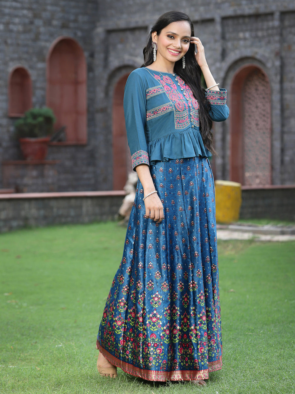 Juniper Women`s Teal Satin Embroidered Flared Lehenga Choli Sets - Distacart
