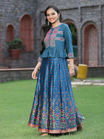 Thumbnail for Juniper Women`s Teal Satin Embroidered Flared Lehenga Choli Sets - Distacart