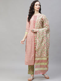 Thumbnail for Ahika Women Peach-Coloured Printed Pleated Pure Cotton Kurta with Palazzos & With Dupatta - Distacart