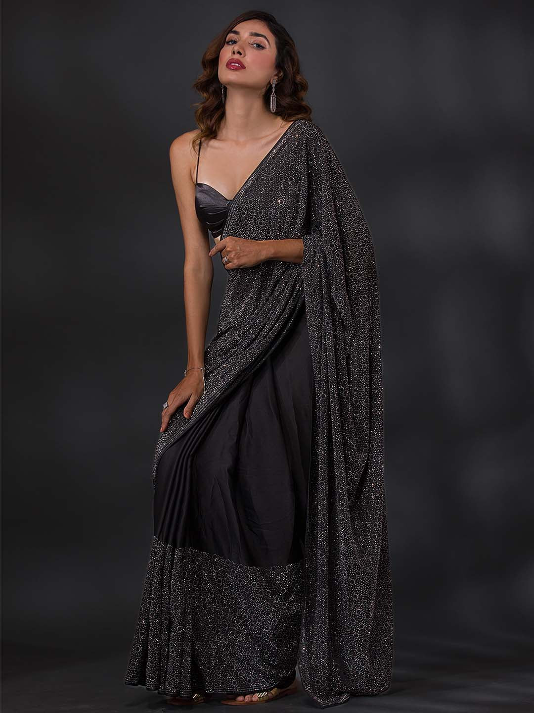 Koskii Embellished Stones Work Poly Crepe Saree With Blouse Piece - Distacart